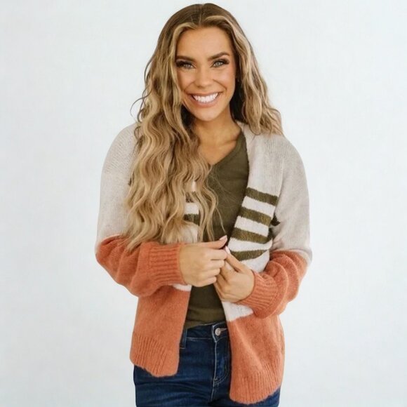 Liam & Co open front cardigan long sleeves orange green cream small - Picture 1 of 10